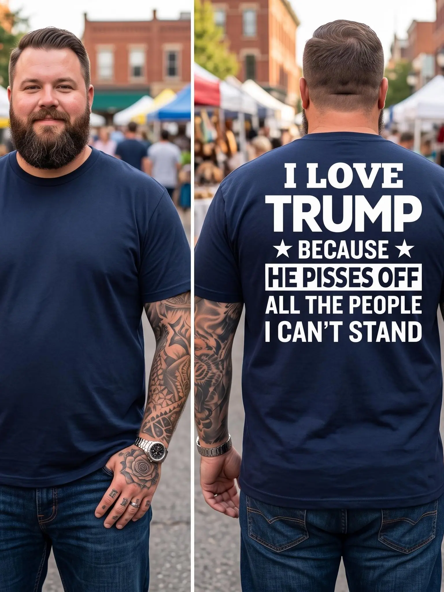 Menswear Funny Trump Graphic T-Shirt | Sarcastic Pro Trump Because He Pisses Off People White Casual Tee | Unisex Gildan 5000 Heavy Cotton Crewneck Top with Back Print | Summer Political Humor Novelty Joke Tshirt