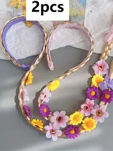 Set of 2 Colorful Flower Hair Clips, Long Braided Headbands, Floral Display Accessories, Casual Style for All Seasons
