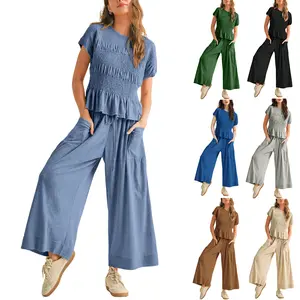Mundoven Women's 2-piece smocked Top & Wide-leg pants Set-High waisted Lounge Outfit with Pockets Casual Boho Matching Set