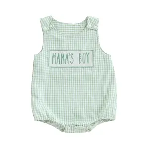 Canrulo Mama's Boy Gingham Baby Bubble Romper Overalls Outfit Newborn Plaid Sleeveless Onesie Bodysuit Jumpsuit Summer Clothes 0-18 Months