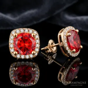【2026 TREND ALERT】Champagne Gold 1CT Red Moissanite Studs | Cushion Halo Earrings for Women | Jewelry Gift w/ Authenticity Certificate