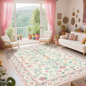 Boho Pink Washable Rug Modern Vintage Print Area Rug for Living Room & Bedroom Ultra Soft Non-Slip & Elegant Home Decor Floor Mat Machine Washable