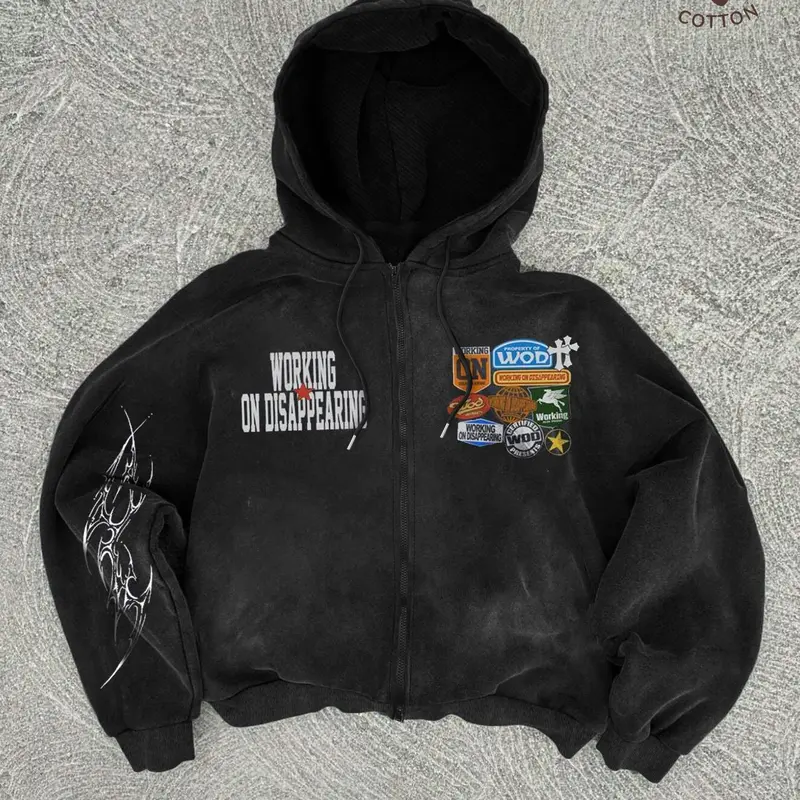 Men's Graphic & Letter Print Washed Distressed Zip Up Hoodie, Casual Regular Fit Long Sleeve Hooded Sweatshirt, Casual Sporty Street Fashion Sweatshirt for Fall & Winter Fashion Men's Clothes for Daily Wear, Tops, Letter Pattern Hoodies