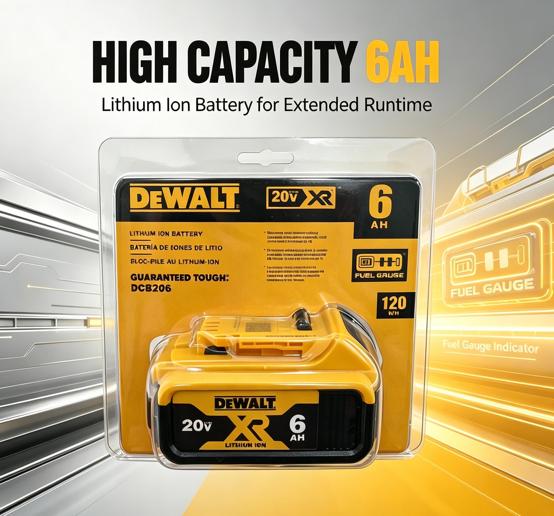 DeWalt DCB206 20V 6.0AH lithium-ion battery. Compatible with 20V power tools. Suitable for use with handheld drills, angle grinders, blowers, impact wrenches, and other DeWalt power tools. Durable, shock-resistant, and reliable.