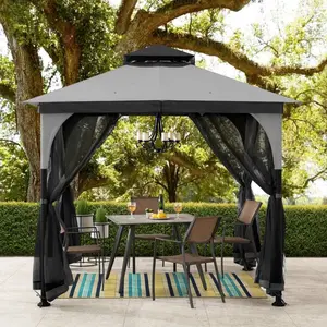 SUNJOY 9x9 Soft Top Garden Gazebo with Mosquito Netting – Gray & Black