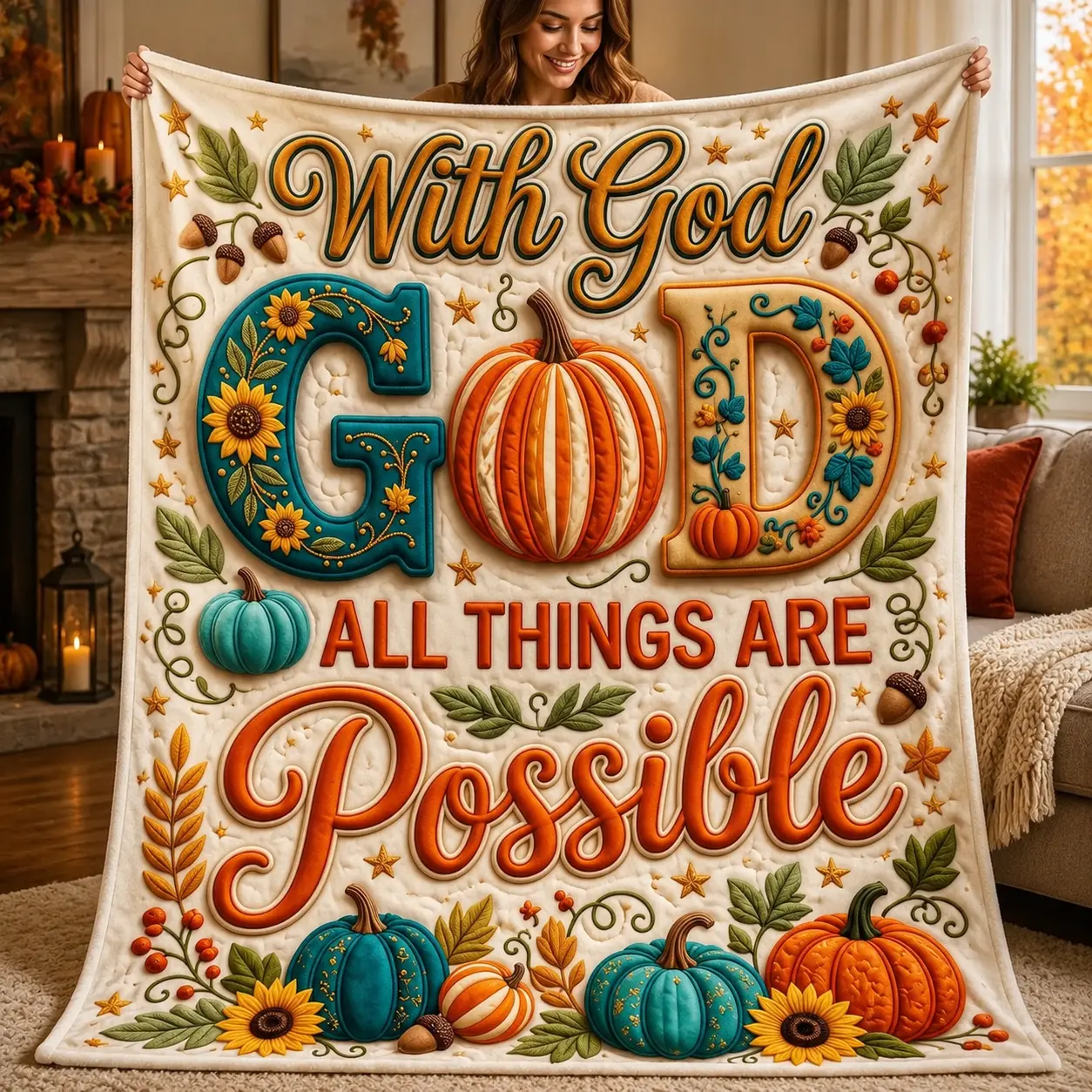With God All Things Are Possible Fall Flannel Blanket, Christian Pumpkin Fleece Throw, Inspirational Autumn Blanket for Bed Sofa and Gift