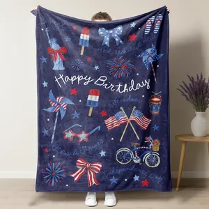 Summervibes Happy Independence Day Collage Flannel Blanket, Cute Red White Blue Icons Print, Ultra Soft Throw for 4th of July Parties