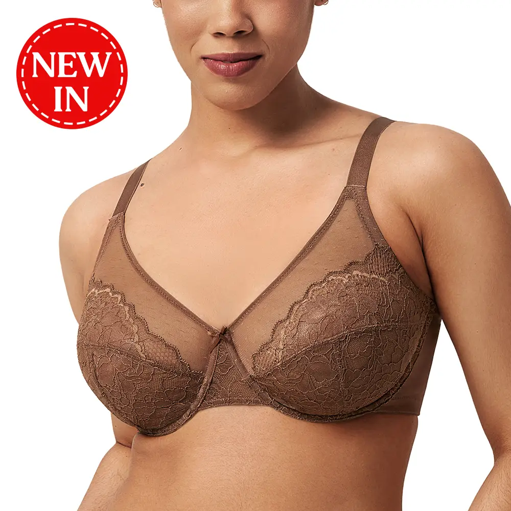 HSIA Enchante Full Coverage Floral Lace Unlined Plus Size Mesh Cup Comfort Non-padded Underwire Minimizer Bra