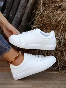 Four Seasons White Leather-Like Soft-Soled Skateboard Shoes Flat Wear-Resistant Non-Slip Preppy Sneakers Lightweight Breathable Lace-Up Casual Versatile Shoes