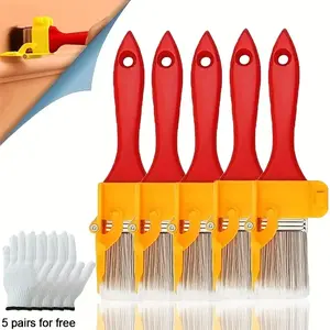Professional Paint Brush Set, 5pcs Wood Handle & Gloves, Two-In-One Edge Painting Tool, Furniture Paint Brushes, Wallpapers & Paint Application, Indoor/outdoor Home Decor