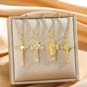 New Virgin Mary Cross Titanium Steel Necklace for Women, Bronze Statue Pendant, Light Luxury Collarbone Chain