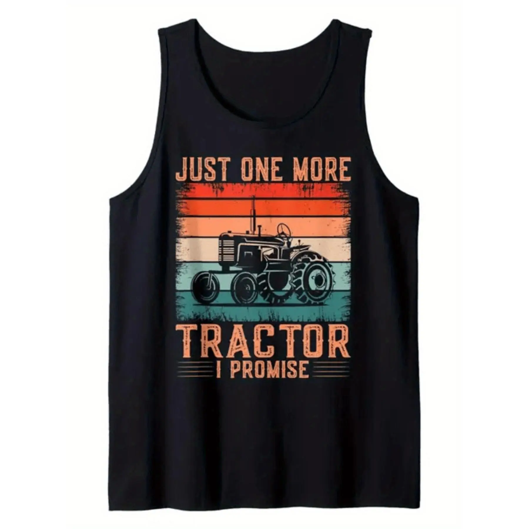 Men's Sleeveless Tank Top - Breathable Gym Shirt with Tractor Graphic & "Just One More Tractor I Promise" Slogan - Lightweight Workout Shirt for Farmers, Tractor Enthusiasts - Machine Washable Black T-Shirt