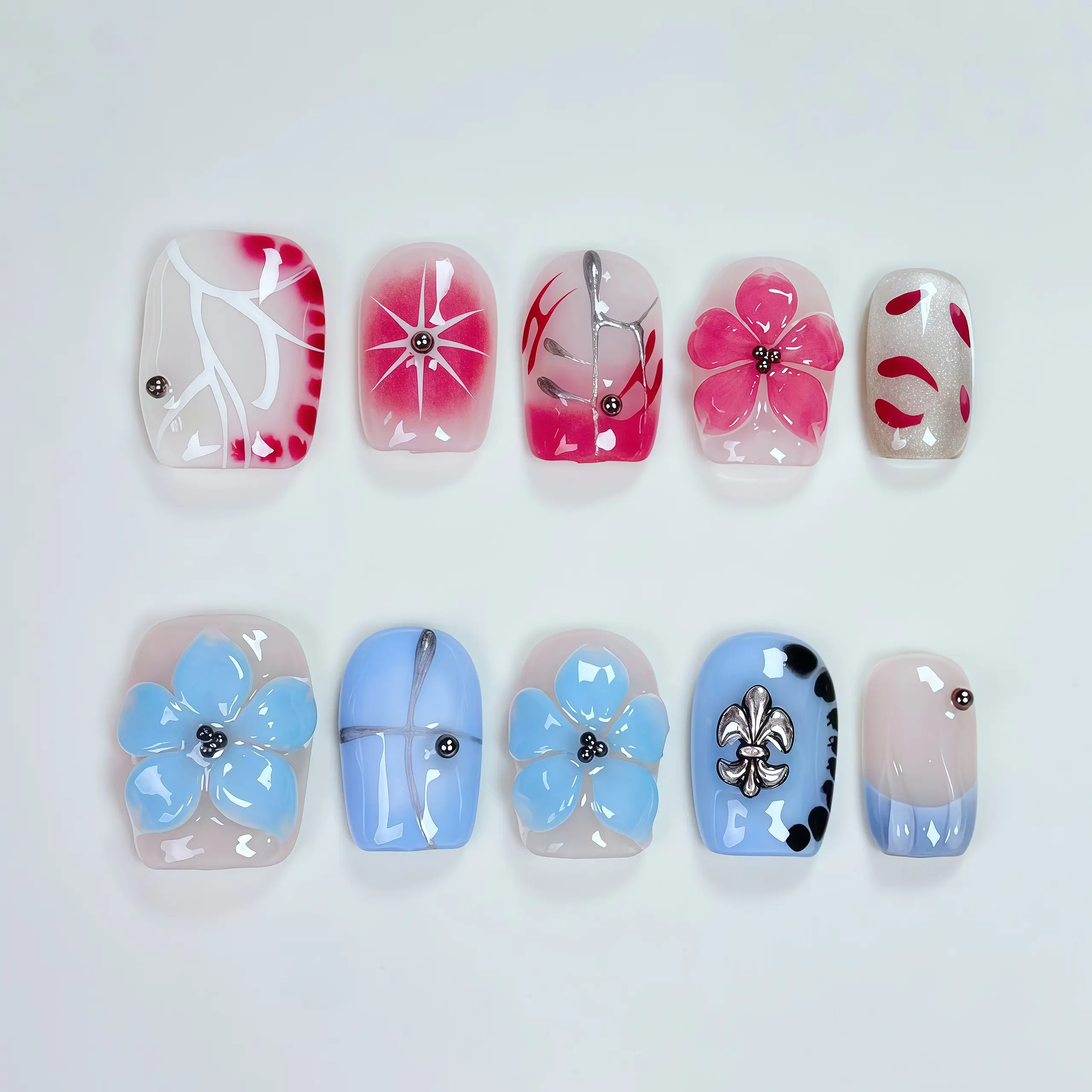JC Removable Nails, Handmade Custom Hand-Painted Instagram-Inspired Multi-Dimensional 3D Engraved Floral Design, High-End Whitening Effect, Easy Apply, Nails Protection, Single Item, Flower Nails, Diy Nail Art