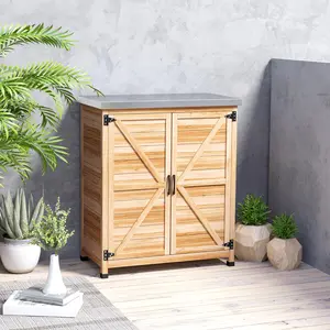 Wooden Storage Cabinet Outdoor Prep Table with Metal Tabletop Shelves and Double Doors for Patio Garden Natural Wood Galvanized Top 31.1" W x 16.9" D x 36.2" H