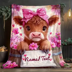 Custom Cute Bowknot Highland Cow NameText Flannel Blanket  2D Flat, Soft and C