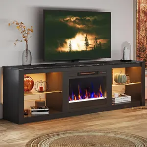 【Limited time deal】 BM-LZR 70 Inch Fireplace TV Stand for TV up to 75", LED Entertainment Center with 23" Electric Fireplace Media Console Table for Living Room with Glass Shelves, Black Marble