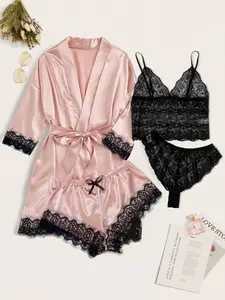 Classic Sexy 4pack Lace Lingerie Set With Satin Belted Robe