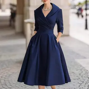 Women's Formal Long-Sleeve Waist-Cinching Dress - Slimming Effect, Large Hemline, Sleeve Business Dresses
