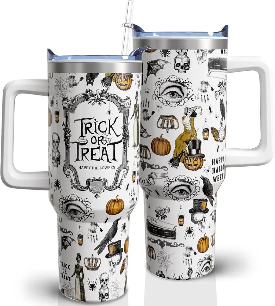 Gothic 40 oz BPA-Free Stainless Steel Double-Walled Vacuum Flask Tumbler with Insulation, Humanized Handle, Straw, Lid - Portable Reusable Kitchenware Gift for Women, Halloween