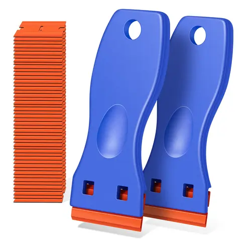 2-Pack Plastic Razor Blade Scraper Tools - Non-Retractable, Easy-Grip Plastic Body, 100 Blades for Effortless Glue, Decal Removal on Glass, Car Windows (2-Pack Backup Included)
