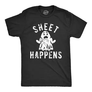 Mens Sheet Happens T Shirt Funny Halloween Ghost Costume Joke Tee for Guys Mens Funny T Shirts Cool Vintage Fashion T-Shirt Gift Classic Menswear Halloween Apparel for Men Funny Sarcastic Short Sleeve Novelty Black -