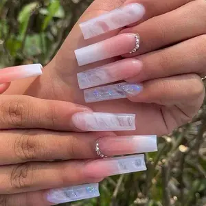 Square Press On Nails Long Fake Nails Rhinestone With Gradient Glitter Design Pink False Nails Full Cover Ombre Glue On Nail Artificial Acrylic Glossy Reusable Stick On Nail For Women 24pcs