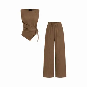 Cider Texture Boat Neck Asymmetrical Hem Top & Mid Rise Straight Leg Trousers Set SwimWeek