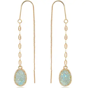 Simulated Druzy Threader Earrings for Women - Gold, Silver, or Rose Gold Tone Long Chain Earrings with Boho Created Geode Stone