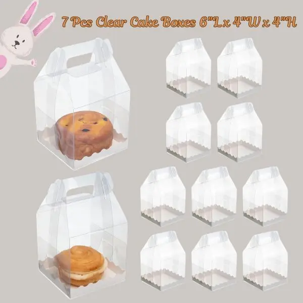 7 Pcs Clear Cake Boxes 6"L x 4"W x 4"H – Mini Transparent Bakery Gift Boxes with Handle & Boards, Cake Donut Cookie Packaging for Wedding, Birthday ,perfect for Mother day gift & Party