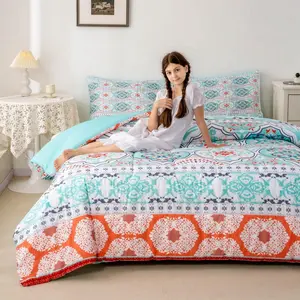 Boho Aqua Lattice Bedding Set,Microfiber Bohemian Comforter Sets,Exotic Tribal Duvet Set Geometric Quilt with Matching Decorative Pillow Cases