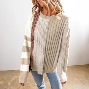 Women? Khaki Cable Knit Colorblock Crew Neck Drop Shoulder Sweater Women’s Wear Long Sleeves Casual Tops