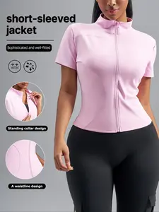 Women's Slim-Fit High Neck Short Sleeve Jacket, Zipper Sporty Fitness Top, Sports Top, All Season Plain Kint Fabric, Batch No. 3958462661
