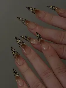 SS5 Leopard French Press-On Nails, Black Gold Glitter Leopard Tip Design, Long Stiletto Luxury Handmade Nail Set, Bold Glam Party Vibes, Solana Nails Town