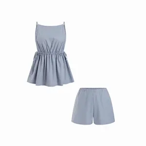 Cider Linen-blend Boat Neck Drawstring Ruffle Top & Mid Rise Shorts Set