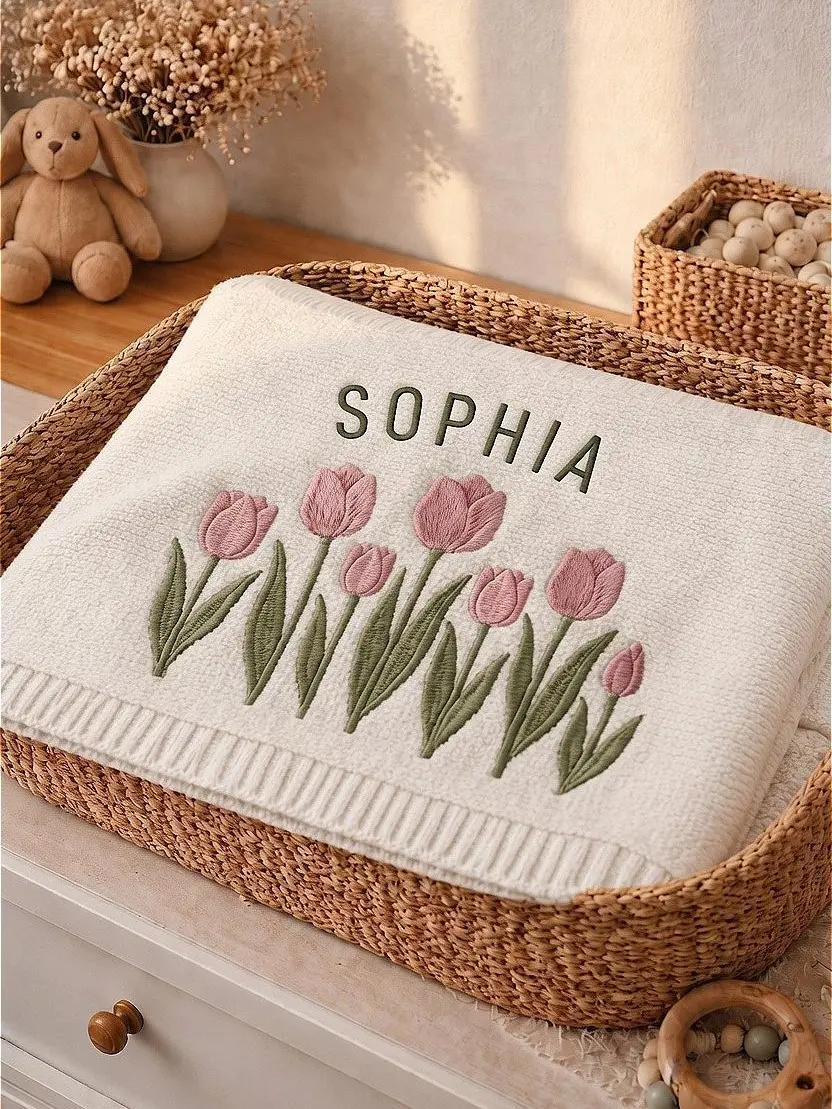 [Made-to-Order] Custom Tulip Floral Embroidered Knit Baby Blanket, Personalized Flower Newborn Blanket, Gift for Baby Girl, Baby Shower Gift, Newborn Keepsake