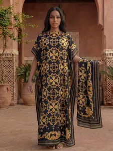 Women's All-Season Casual Fashion Long Robe Set, Full Body Printed Dress + Head Scarf & Hairband, Beach Sun Protection Satin Silk Wrap