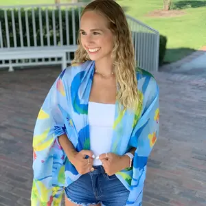 Blue Floral Silk Kimono/Sarong for Women – 40" x 70" Lightweight Silk Habotai – Vibrant Watercolor Print by Chioma Ebinama – Versatile Wear as Kimono, Sarong, Shawl, Scarf & Wrap – Perfect for Beach, Vacation & Everyday Wear
