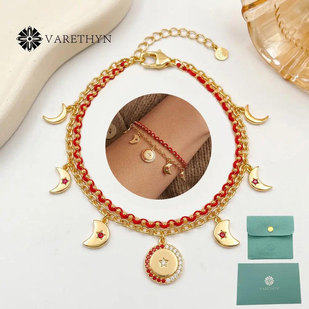 Women's Gold-Plated Celestial Charm Bracelet - 2-Layer Red Cord Chain with Crescent Moons & Star Charms, Adjustable Size Unisex Artificial Gemstone Jewelry for Adults, Daily Wear with Vitality & Protection Meaning