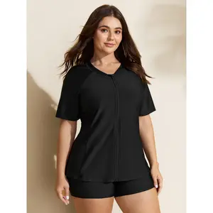 BLOOMCHIC Womens Plus Size  Swim Top [M-6X],UPF 50+ with Zipper Front Pockets 2026 Summer Vibes