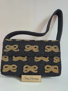 Black and Gold Evening Purse for Wedding Guest, Cocktail Party | Retro Art Deco Seed Bead Clutch | Coquette Glam Handbag