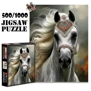 1pc 1000 piece adult puzzle 70x50cm Elegant White Horse with Ornate Headgear 500 pieces of paper jigsaw puzzle, suitable for adults and families, large-scale DIY puzzle interactive toy games, birth