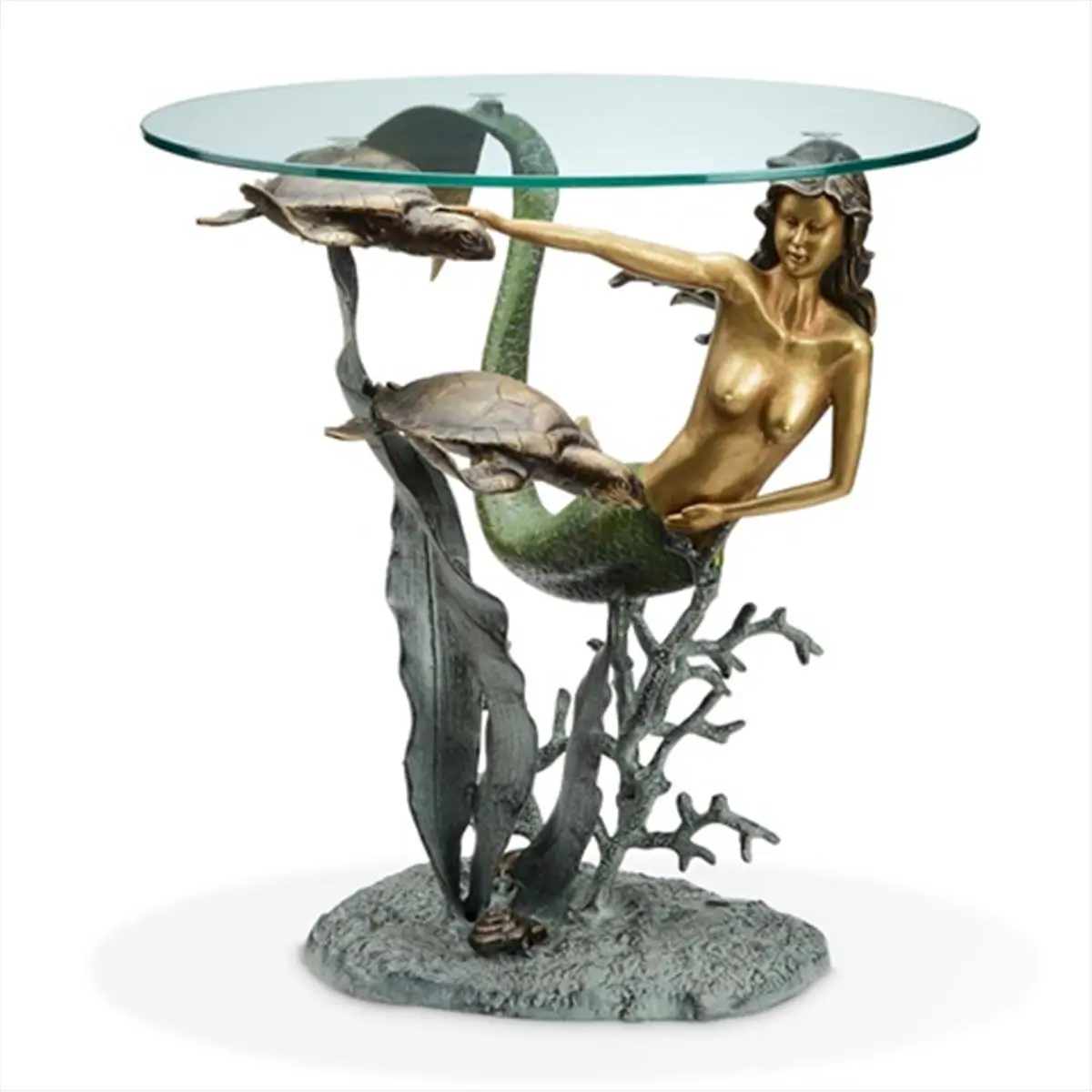 SPI Home 33708 Aluminium Sculptural Artistic Side Table - 22x22x22", Mermaid & Sea Turtle Sculpture Design, Coral Base, Finely Detailed Indoor Living Room Furniture