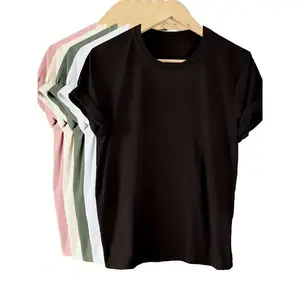 5-Pack Women'S Cotton T-Shirts - Casual Crew Neck, Solid Color, Short Sleeve, Regular Fit, Woven Pullover Tops - Versatile for All Seasons