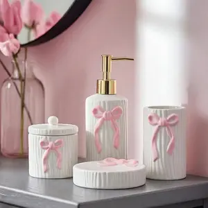 4 Pcs Ceramic Pink Bow Bathroom Set Bow Bathroom Accessories Soap Dispenser Tumbler Toothbrush Holder Vanity Soap Tray Cotton Swab Jars Refillable Decor Pink Decor Gift for Her