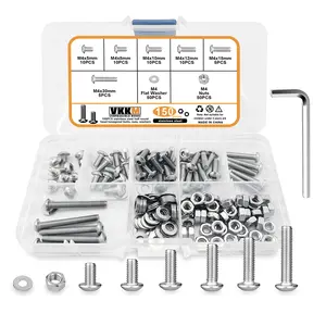 VKKM 150Pcs M4 Button Head Socket Cap Screws Assortment Kit, 304 Stainless Steel Hex Bolts with Nuts Flat Washers & Allen Wrench, 6 Sizes M4 x 5/8/10/12/18/30mm for Machinery Furniture DIY Repair