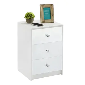 3 Drawer Nightstand for Bedroom, Modern Wood and Mirrored Nightstand, Square Bedside Glass End Table with Storage for Bedroom Room, Sofa, White