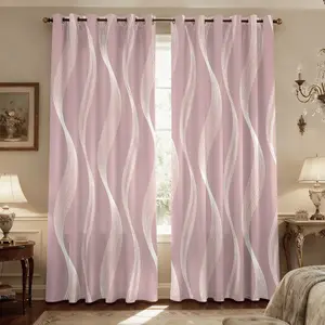 Modern Pink Abstract Geometric Stripe Print Blackout Curtains, Thermal Insulated Sunshade Drapes for Living Room Bedroom Study, Window Curtain-2Panels