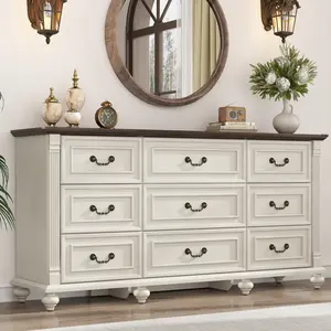 Farmhouse 9 Drawers Dresser for Bedroom with 6 Solid Wood Feet and Roman Column Decor, 63in Wide Wood Country Rustic Chest of Drawers, Storage Dressers for Bedroom, Living Room, White/brown