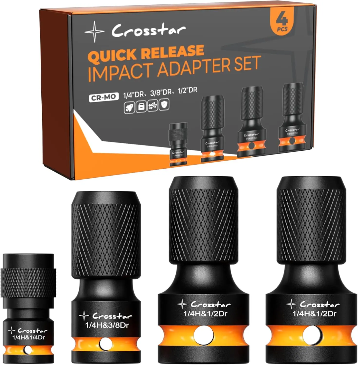 Crosstar 4-Piece Cr-Mo Steel Impact to 1/4 Hex Converter Set with Self-Locking Adapter Chucks, Quick Release Chuck Adapter, 1/2-3/8-1/4-Inch Square Drive Female Hex Sockets, Screwdriver Bit Holders for Electric Impact Wrenches