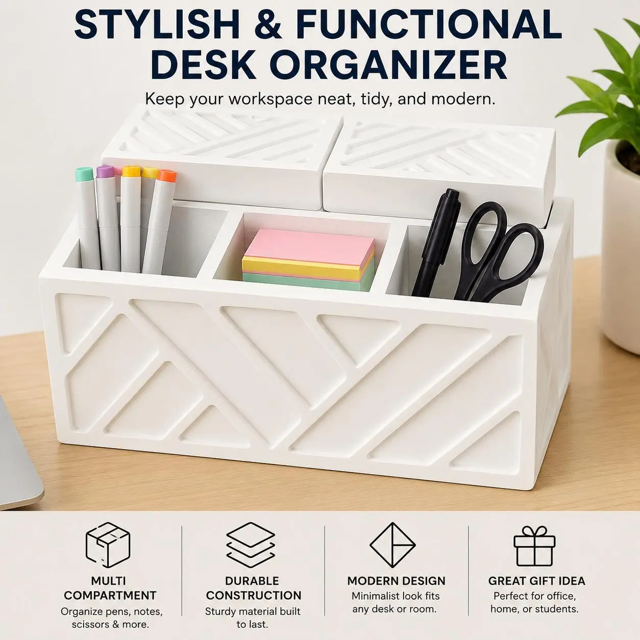 Modern Wooden Desk Organizer with Drawers & Multi Compartments, Desktop Storage Box for Office, Home, Makeup, Stationery & Accessories